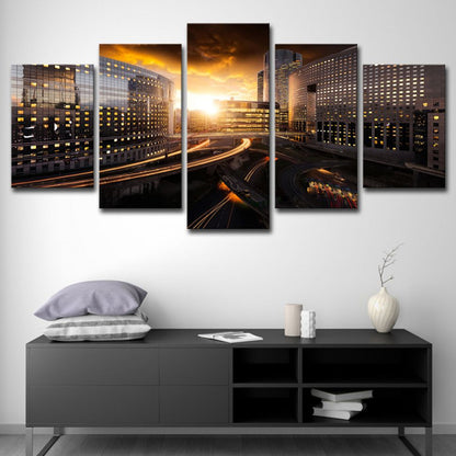 Urban Sunset Cityscape Wall Art Black and Gold Multi-Piece Canvas Print for Home Gold Clearhalo 'Art Gallery' 'Canvas Art' 'Contemporary Art Gallery' 'Modern' Arts' 1625185