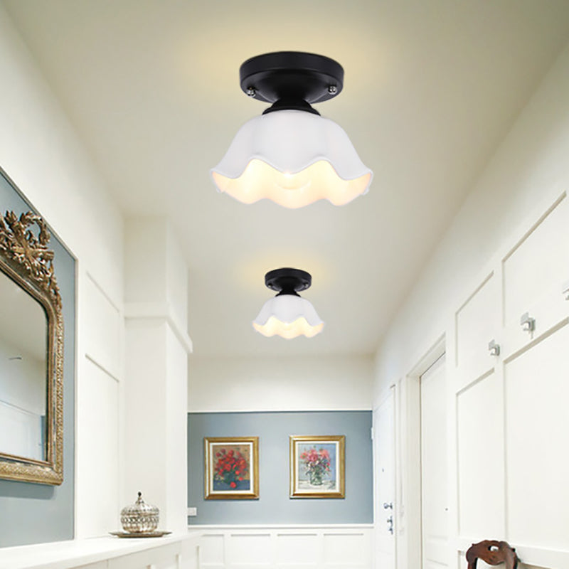 Scalloped Living Room Semi Flush Industrial Milky Glass One Light Black Lighting Fixture White Clearhalo 'Ceiling Lights' 'Chandeliers' 'Close To Ceiling Lights' 'Close to ceiling' 'Glass shade' 'Glass' 'Semi-flushmount' Lighting' 162526