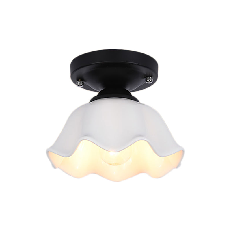 Scalloped Living Room Semi Flush Industrial Milky Glass One Light Black Lighting Fixture Clearhalo 'Ceiling Lights' 'Chandeliers' 'Close To Ceiling Lights' 'Close to ceiling' 'Glass shade' 'Glass' 'Semi-flushmount' Lighting' 162528