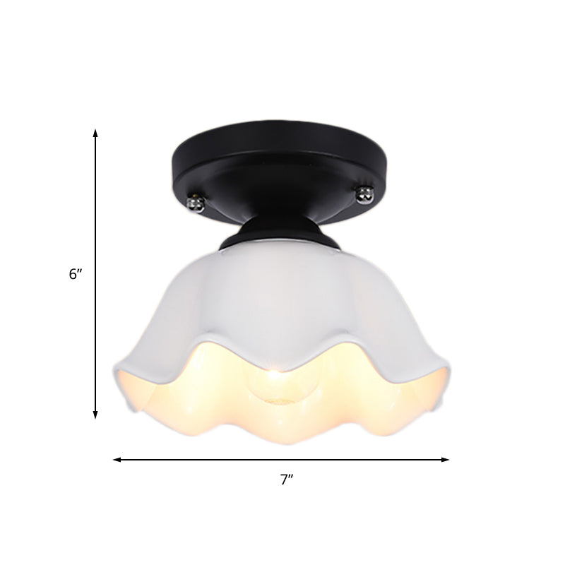 Scalloped Living Room Semi Flush Industrial Milky Glass One Light Black Lighting Fixture Clearhalo 'Ceiling Lights' 'Chandeliers' 'Close To Ceiling Lights' 'Close to ceiling' 'Glass shade' 'Glass' 'Semi-flushmount' Lighting' 162529