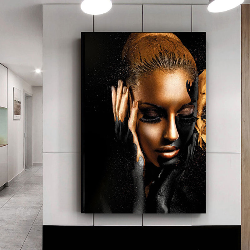 Glam Canvas Print Schwarz und Gold Charming Model Wandkunstdekor für Mädchen Schlafzimmer