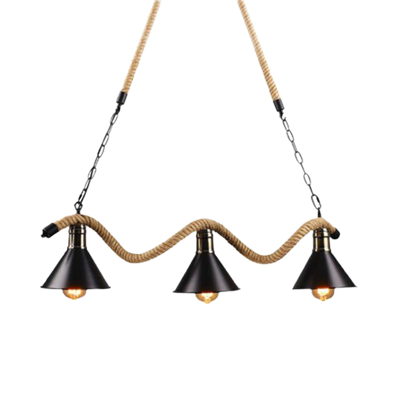 Farmhouse Style Conic Island Lamp 3/5 Bulbs Metal and Rope Pendant Light with Wavy Design in Black Clearhalo 'Ceiling Lights' 'Island Lights' Lighting' 162541