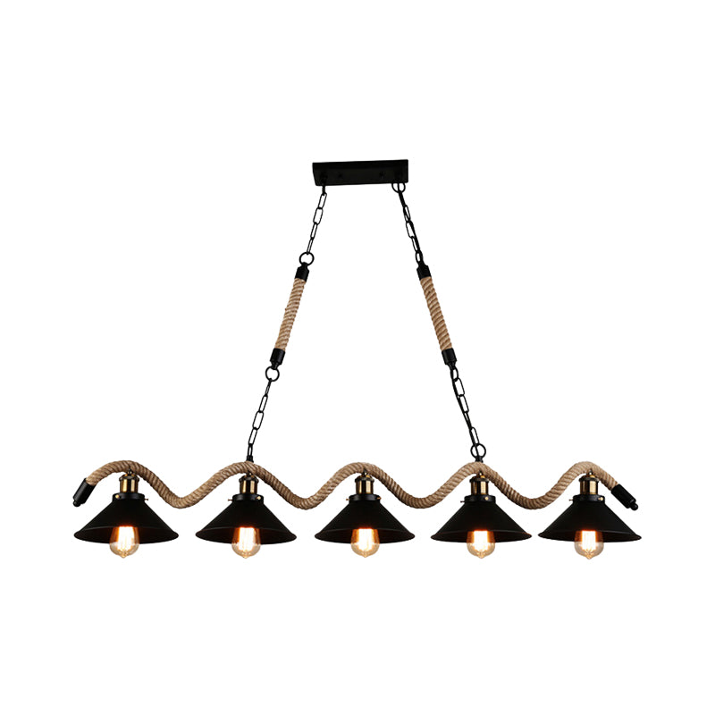 Farmhouse Style Conic Island Lamp 3/5 Bulbs Metal and Rope Pendant Light with Wavy Design in Black Clearhalo 'Ceiling Lights' 'Island Lights' Lighting' 162545