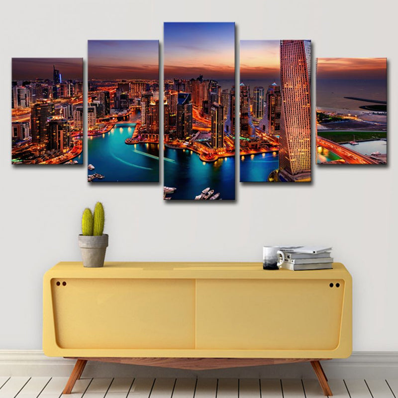 Orange Dubai Night Scene Canvas Multi-Piece Global Inspired Family Room Wall Art Orange Clearhalo 'Art Gallery' 'Canvas Art' 'Contemporary Art Gallery' 'Modern' Arts' 1625472