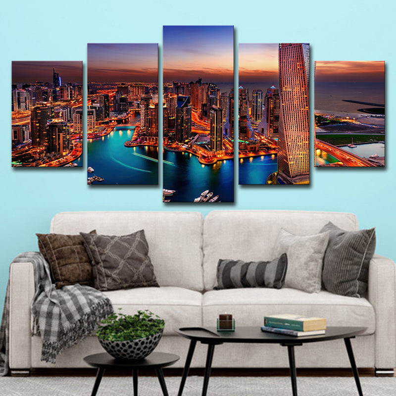 Orange Dubai Night Scene Canvas Multi-Piece Global Inspired Family Room Wall Art Clearhalo 'Art Gallery' 'Canvas Art' 'Contemporary Art Gallery' 'Modern' Arts' 1625474