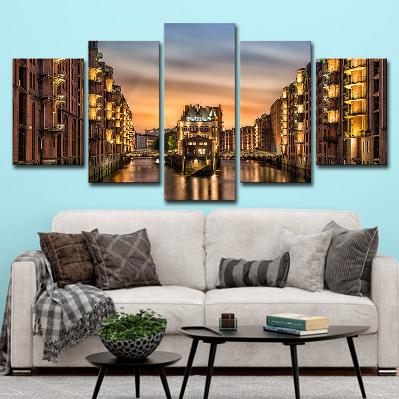 Glam Night CityScape Wall Decor Gold Hamburg Water Castle Canvas Wall Art voor familiekamer