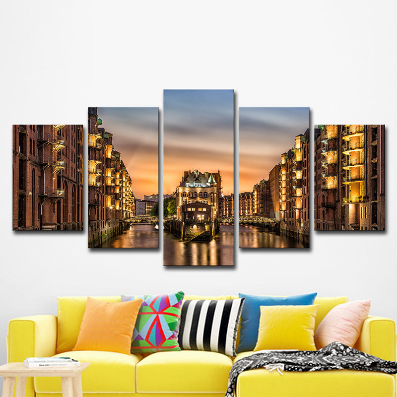 Glam Night Cityscape Wanddekoration Gold Hamburger Wasserschloss Leinwand Wandkunst für Familienzimmer