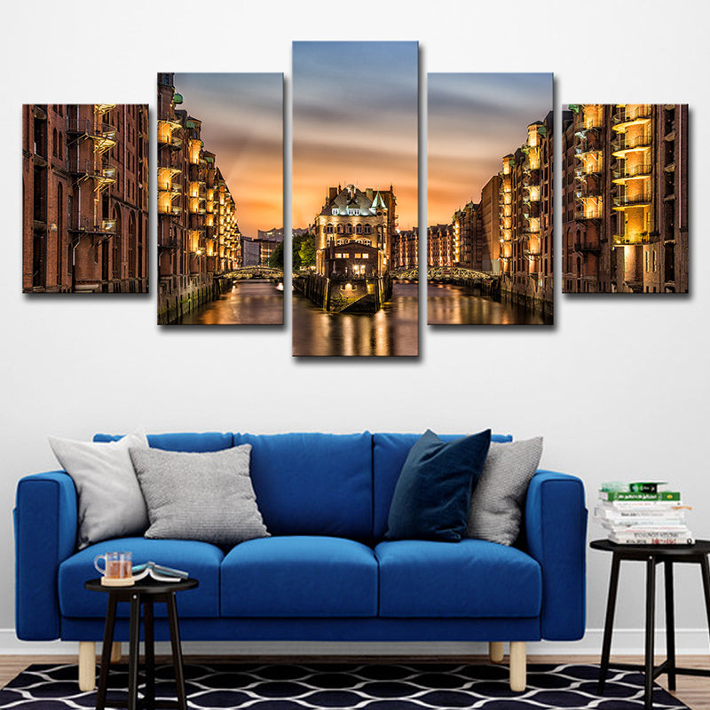 Glam Night Cityscape Wall Decor Gold Hamburg Water Castle Canvas Wall Art for Family Room