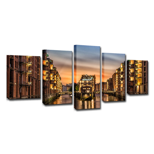 Glam Night Cityscape Wall Decor Gold Hamburg Water Castle Canvas Wall Art for Family Room