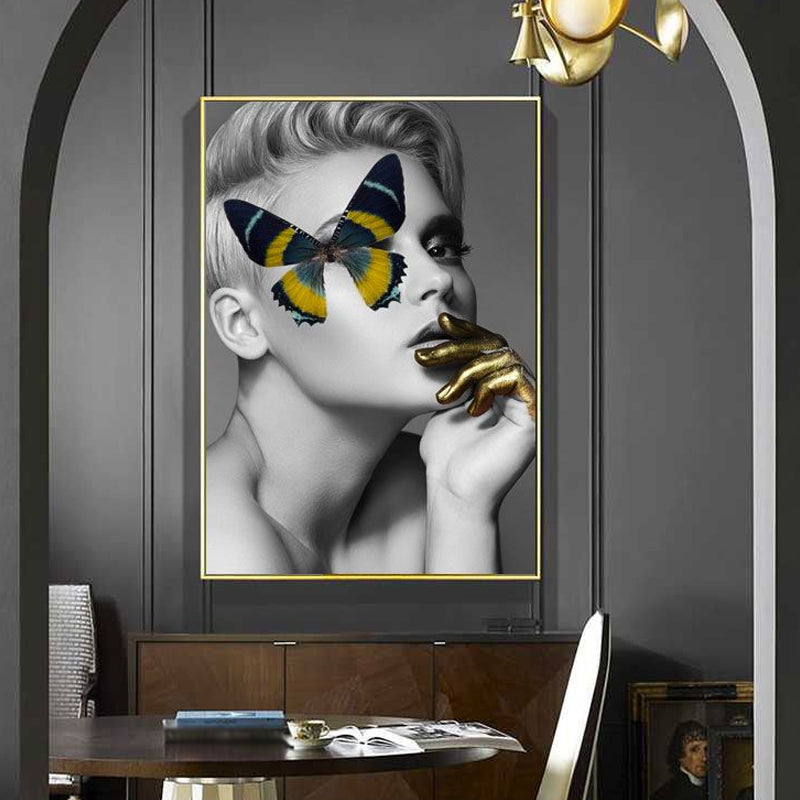 Glam Wall Art Grey-Yellow Woman with Butterfly over Eye Canvas for Girls Bedroom