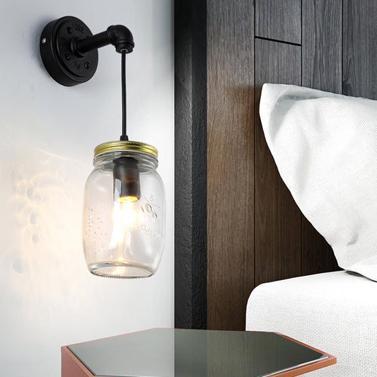 Clear Glass Black Wall Sconce Lighting Jar Shade 1-Light Industrial Light Fixture for Corridor Clear Clearhalo 'Art deco wall lights' 'Cast Iron' 'Glass' 'Industrial wall lights' 'Industrial' 'Middle century wall lights' 'Modern' 'Rustic wall lights' 'Tiffany' 'Traditional wall lights' 'Wall Lamps & Sconces' 'Wall Lights' Lighting' 162611