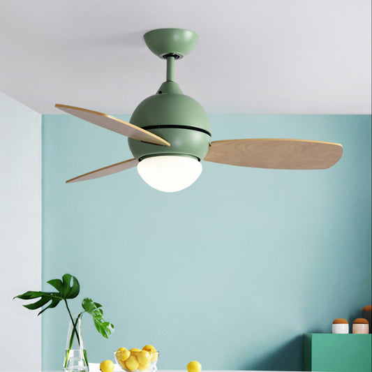 Modernist Bowl Metal Fan Light LED Semi-Flush Mount in Pink/Yellow/Green with 3 Wood Blades for Living Room, 34" Width Green Clearhalo 'Ceiling Fans with Lights' 'Ceiling Fans' 'Kids Ceiling Fans' 'Kids' Lighting' 1626704