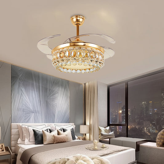 Vintage Crown LED Ceiling Fan Clear Crystal Ball LED Living Room Semi Flush Light in Gold Clearhalo 'Ceiling Fans with Lights' 'Ceiling Fans' 'Modern Ceiling Fans' 'Modern' Lighting' 1626835