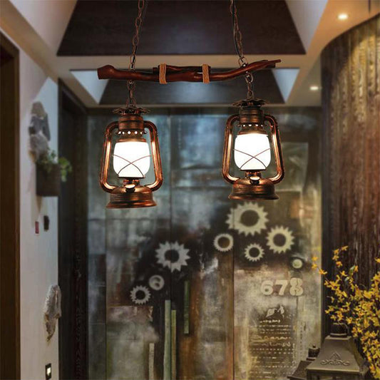 2-Light Lantern Island Lamp Vintage Aged Copper Opal Glass Pendant Light Fixture for Dining Room Weathered Copper Clearhalo 'Ceiling Lights' 'Island Lights' Lighting' 162715