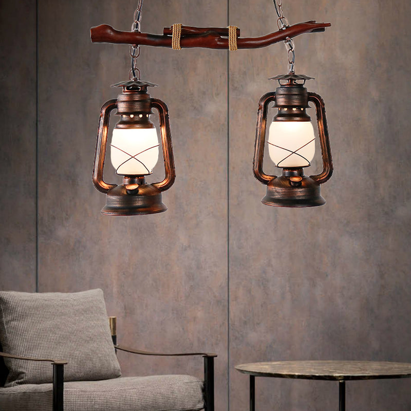 2-Light Lantern Island Lamp Vintage Aged Copper Opal Glass Pendant Light Fixture for Dining Room Clearhalo 'Ceiling Lights' 'Island Lights' Lighting' 162716