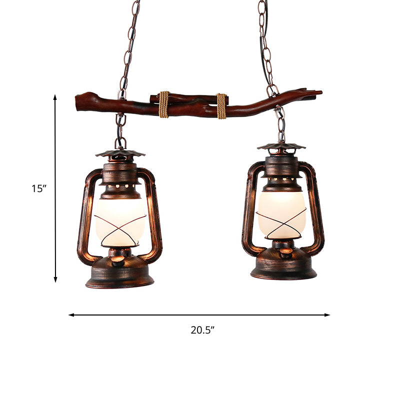 2-Light Lantern Island Lamp Vintage Aged Copper Opal Glass Pendant Light Fixture for Dining Room Clearhalo 'Ceiling Lights' 'Island Lights' Lighting' 162718