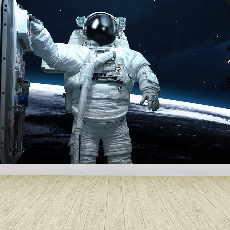 White Astronaut Printed Mural Stain Resistant Fictional Boys Bedroom Wall Covering White Design 2 Clearhalo 'Wall Decor' 'Wall Mural' 1627303