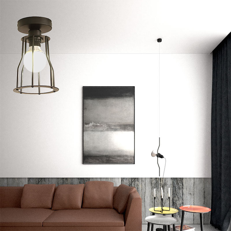 Iron Matte Black Ceiling Lighting Wire Guard 1 Light Farmhouse Style Mini Semi Flush Pendant Light Black Clearhalo 'Ceiling Lights' 'Close To Ceiling Lights' 'Close to ceiling' 'Semi-flushmount' Lighting' 162751