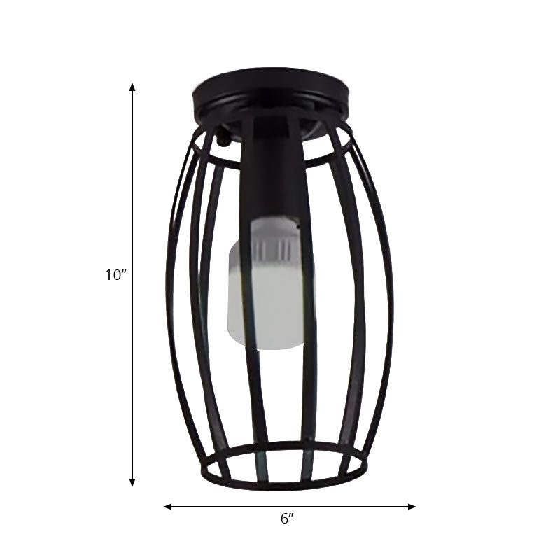 Oval Cage Metallic Shade Ceiling Mounted Light Industrial Style 1 Head Bedroom Flush Mount Ceiling Fixture in Black Clearhalo 'Ceiling Lights' 'Close To Ceiling Lights' 'Close to ceiling' 'Semi-flushmount' Lighting' 162834