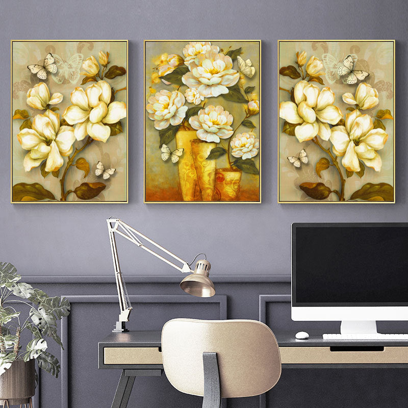 Goud bloeiende bloem print canvas textureerde Franse landelijke woonkamer muurkunst