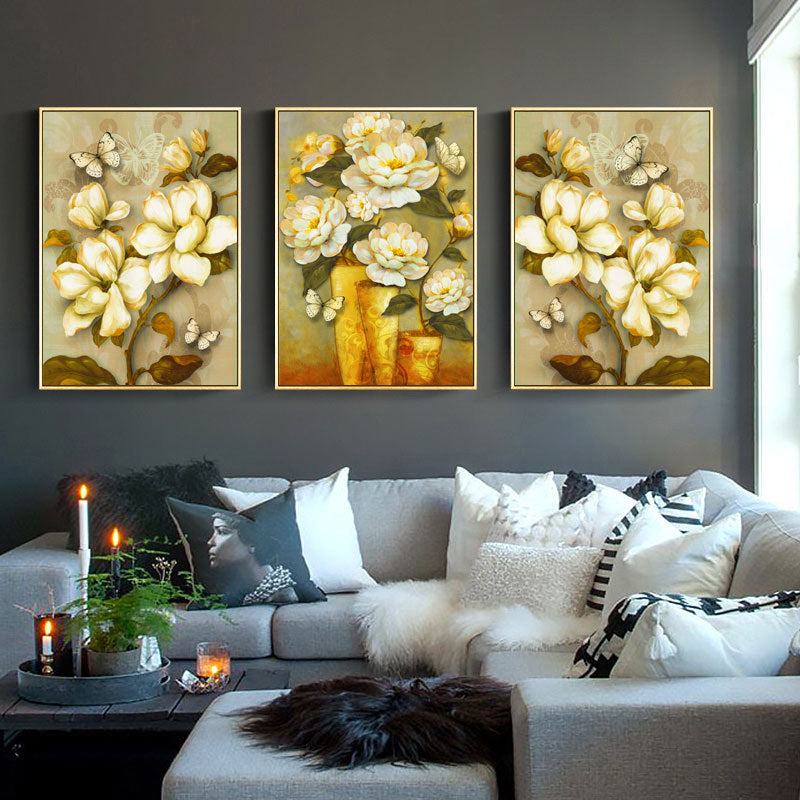 Gold Blooming Flower Print Canvas Textured French Country Living Room Wall Art