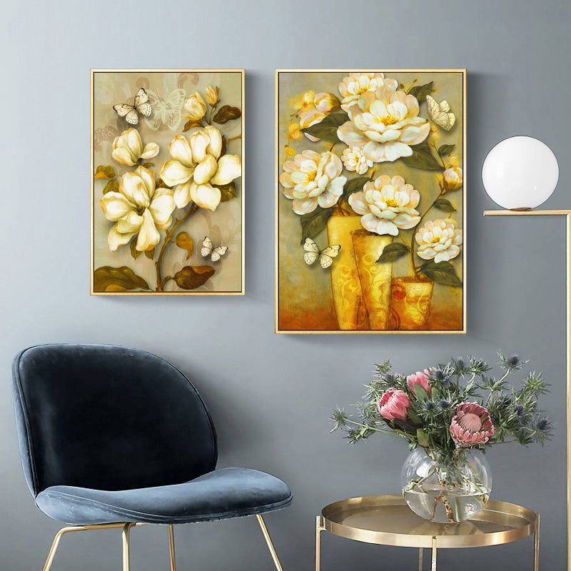 Gold Blooming Flower Print Canvas Textured French Country Living Room Wall Art