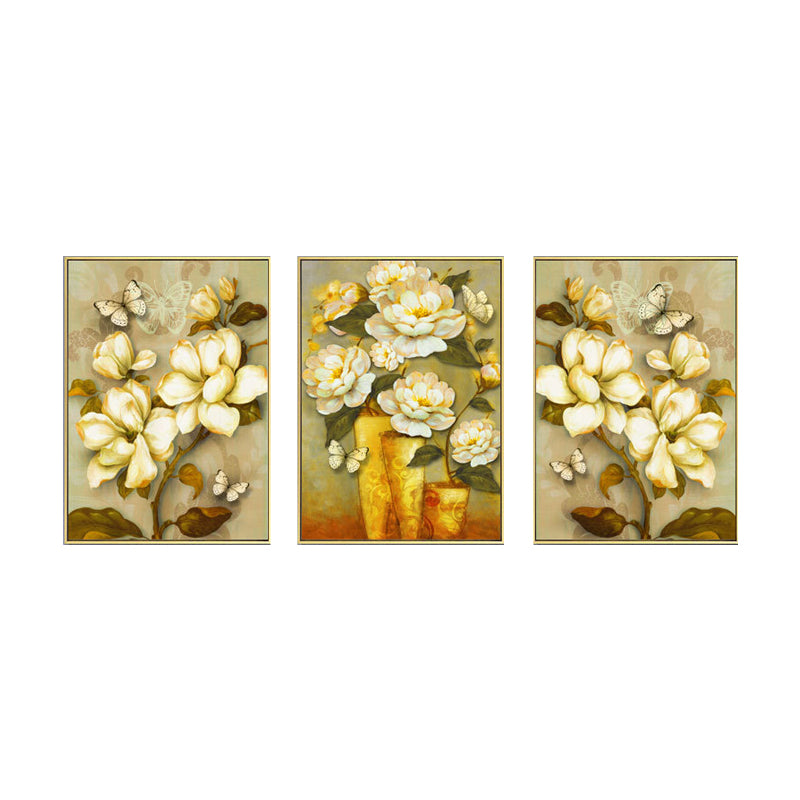 Gold Blooming Flower Print Canvas Textured French Country Living Room Wall Art