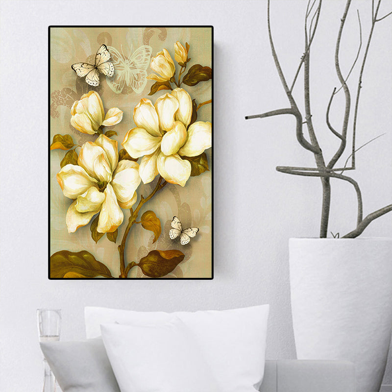 Gold Blooming Flower Print Canvas Textured French Country Living Room Wall Art