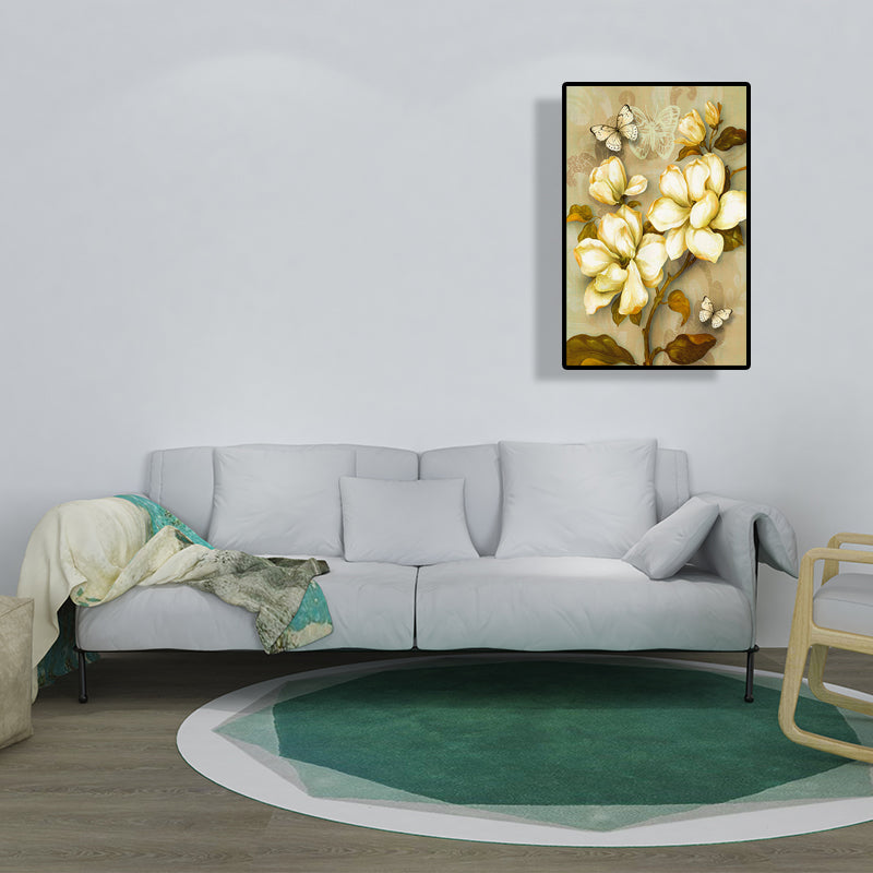 Gold Blooming Flower Print Canvas Textured French Country Living Room Wall Art