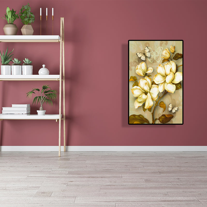 Gold Blooming Flower Print Canvas Textured French Country Living Room Wall Art