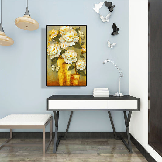 Gold Blooming Flower Print Canvas Textured French Country Living Room Wall Art