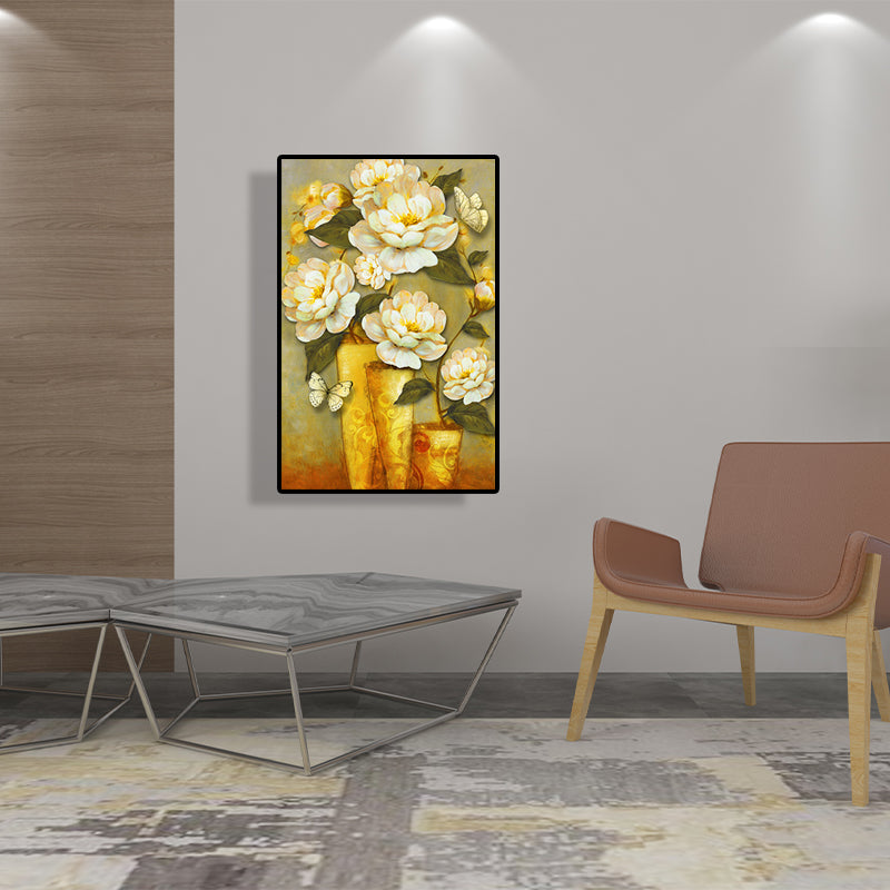 Goud bloeiende bloem print canvas textureerde Franse landelijke woonkamer muurkunst