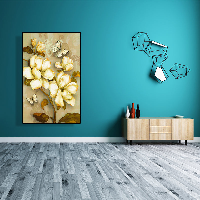 Gold Blooming Flower Print Canvas Textured French Country Living Room Wall Art