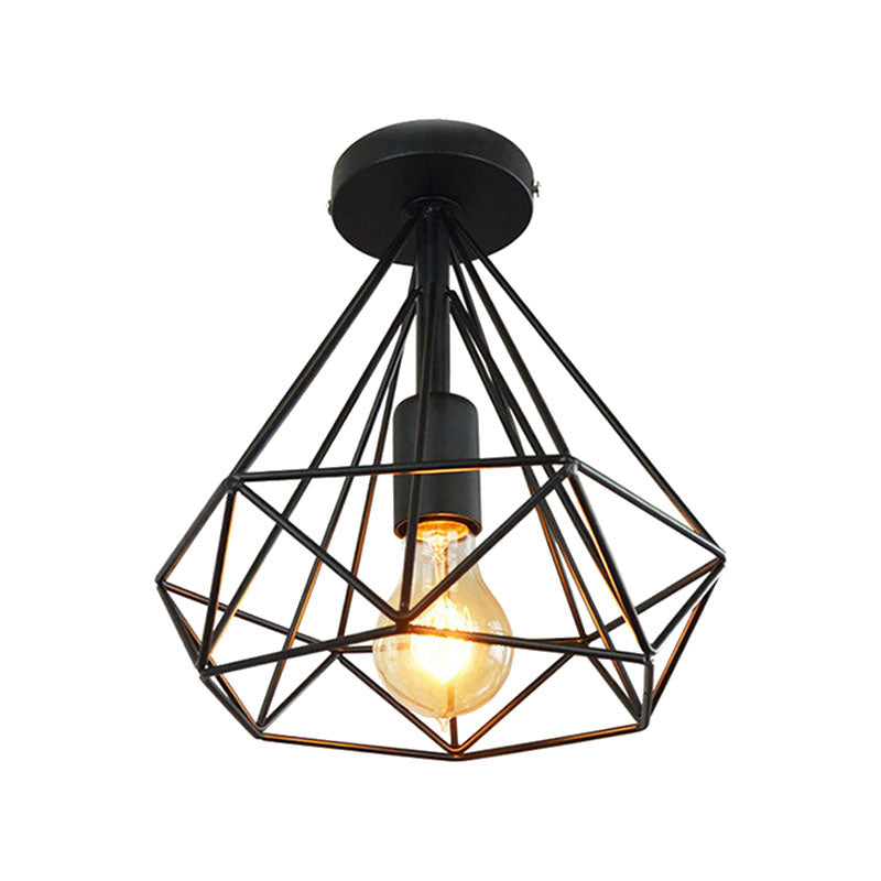 1 Head Semi Flush Light Industrial Stylish Cage Diamond Metallic Ceiling Light Fixture in Black/White for Bedroom Clearhalo 'Ceiling Lights' 'Close To Ceiling Lights' 'Close to ceiling' 'Semi-flushmount' Lighting' 162870