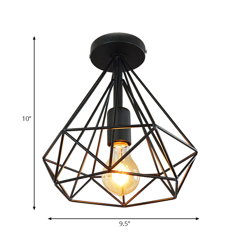 1 Head Semi Flush Light Industrial Stylish Cage Diamond Metallic Ceiling Light Fixture in Black/White for Bedroom Clearhalo 'Ceiling Lights' 'Close To Ceiling Lights' 'Close to ceiling' 'Semi-flushmount' Lighting' 162871