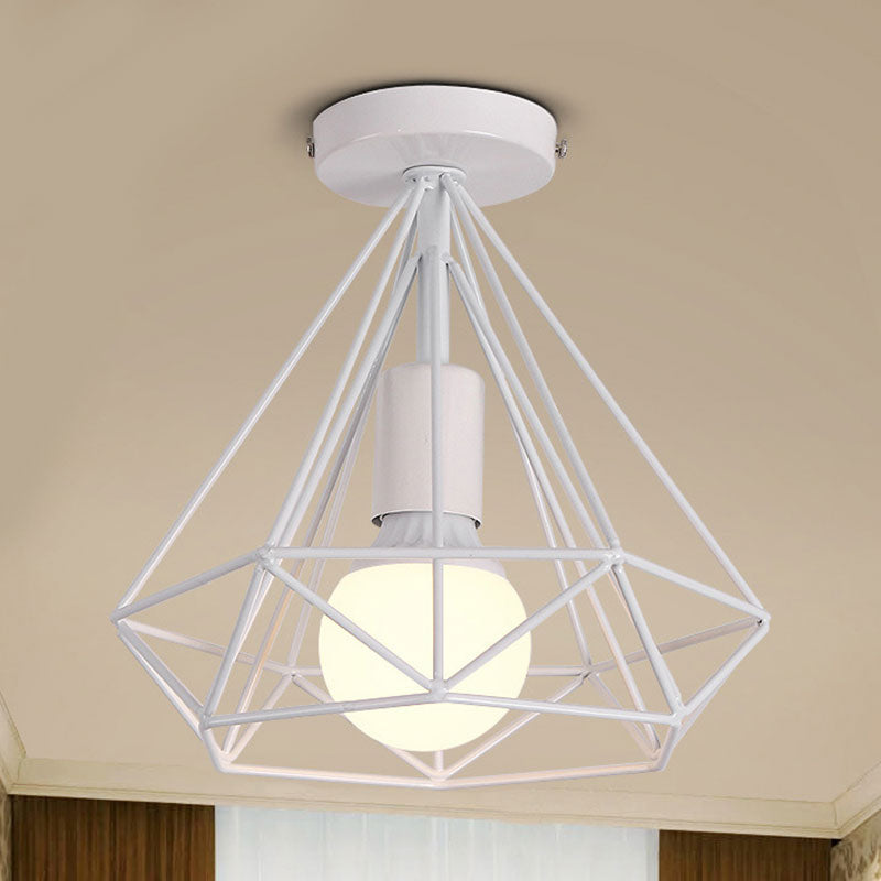 1 Head Semi Flush Light Industrial Stylish Cage Diamond Metallic Ceiling Light Fixture in Black/White for Bedroom Clearhalo 'Ceiling Lights' 'Close To Ceiling Lights' 'Close to ceiling' 'Semi-flushmount' Lighting' 162872
