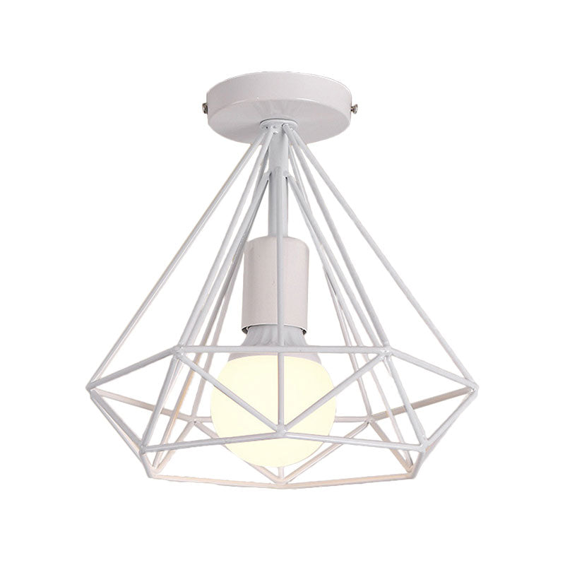 1 Head Semi Flush Light Industrial Stylish Cage Diamond Metallic Ceiling Light Fixture in Black/White for Bedroom White Clearhalo 'Ceiling Lights' 'Close To Ceiling Lights' 'Close to ceiling' 'Semi-flushmount' Lighting' 162873