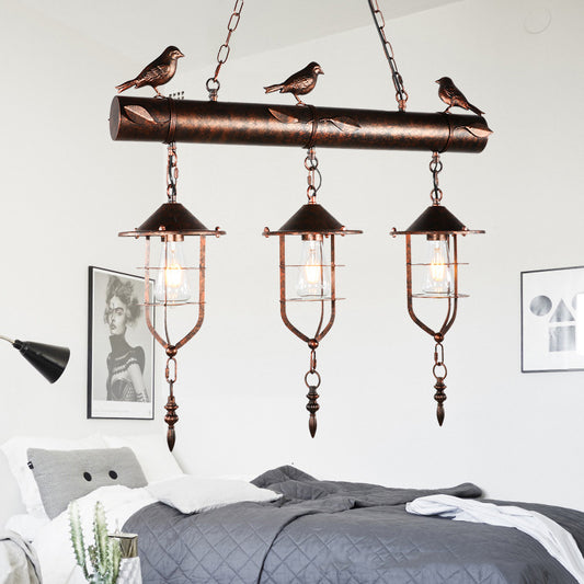 3 Lights Island Lighting with Caged Shade Metal Vintage Bedroom Hanging Lamp in Rust with Bird Rust Clearhalo 'Ceiling Lights' 'Island Lights' Lighting' 162874