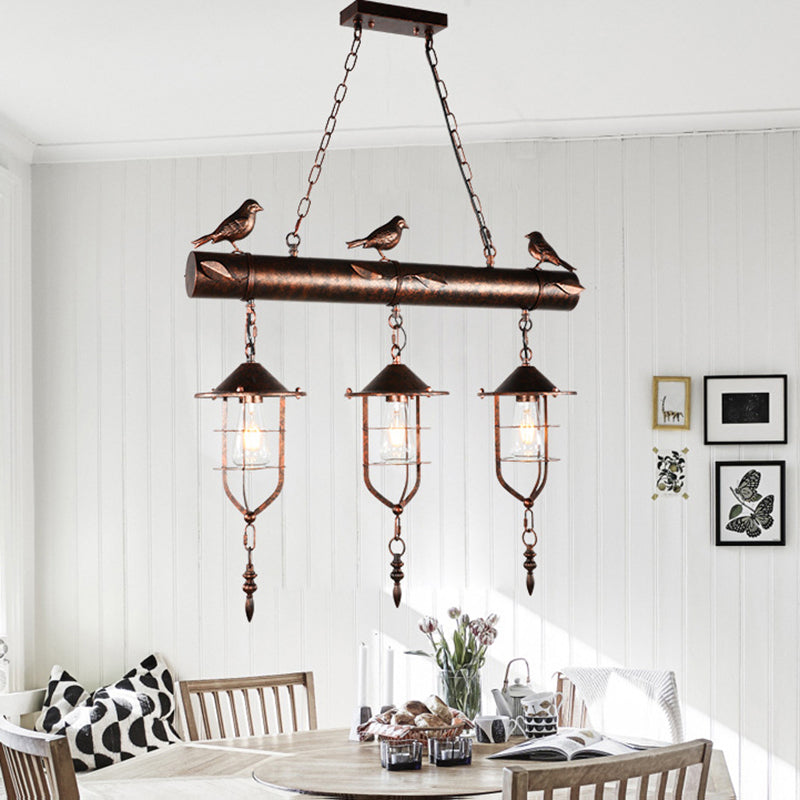 3 Lights Island Lighting with Caged Shade Metal Vintage Bedroom Hanging Lamp in Rust with Bird Clearhalo 'Ceiling Lights' 'Island Lights' Lighting' 162875