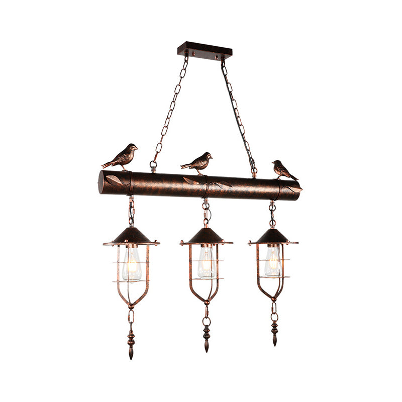 3 Lights Island Lighting with Caged Shade Metal Vintage Bedroom Hanging Lamp in Rust with Bird Clearhalo 'Ceiling Lights' 'Island Lights' Lighting' 162876