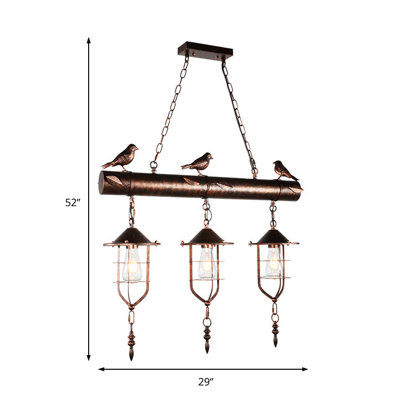 3 Lights Island Lighting with Caged Shade Metal Vintage Bedroom Hanging Lamp in Rust with Bird Clearhalo 'Ceiling Lights' 'Island Lights' Lighting' 162877