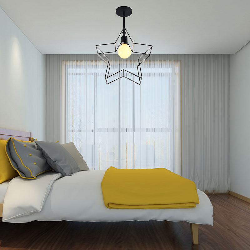 Black 1 Bulb Semi Flush Mount Lighting Loft Stylish Metal Wire Frame Ceiling Lamp with Star Shade for Bedroom Black Clearhalo 'Ceiling Lights' 'Close To Ceiling Lights' 'Close to ceiling' 'Semi-flushmount' Lighting' 162878