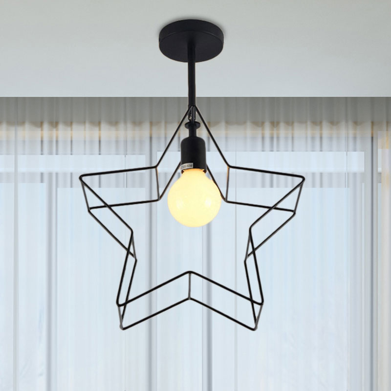 Black 1 Bulb Semi Flush Mount Lighting Loft Stylish Metal Wire Frame Ceiling Lamp with Star Shade for Bedroom Clearhalo 'Ceiling Lights' 'Close To Ceiling Lights' 'Close to ceiling' 'Semi-flushmount' Lighting' 162879