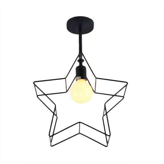 Black 1 Bulb Semi Flush Mount Lighting Loft Stylish Metal Wire Frame Ceiling Lamp with Star Shade for Bedroom Clearhalo 'Ceiling Lights' 'Close To Ceiling Lights' 'Close to ceiling' 'Semi-flushmount' Lighting' 162880