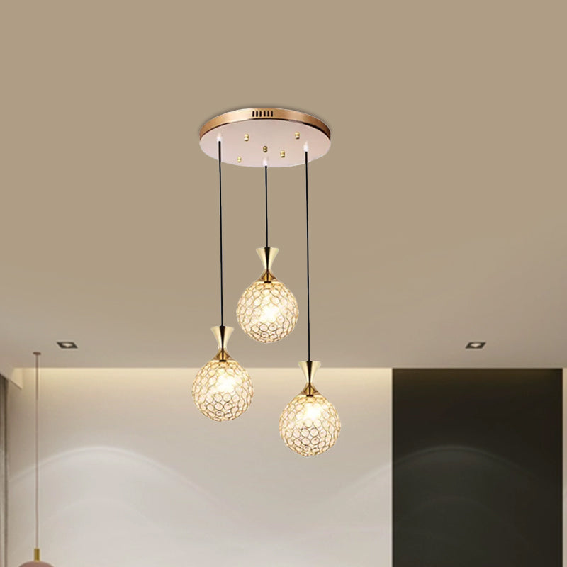 Globe Dinning Room Ceiling Lamp Minimal Crystal Encrusted 3/5 Bulbs Gold Multi Pendant Lighting Fixture Clearhalo 'Ceiling Lights' 'Modern Pendants' 'Modern' 'Pendant Lights' 'Pendants' Lighting' 1629089