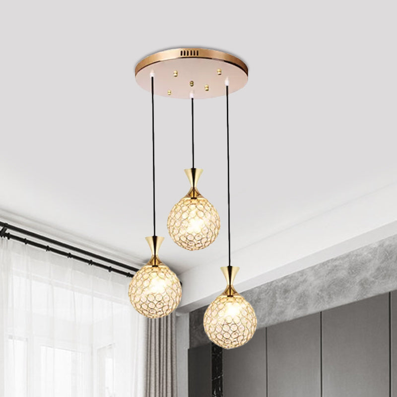 Globe Dinning Room Ceiling Lamp Minimal Crystal Encrusted 3/5 Bulbs Gold Multi Pendant Lighting Fixture 3 Gold Clearhalo 'Ceiling Lights' 'Modern Pendants' 'Modern' 'Pendant Lights' 'Pendants' Lighting' 1629090