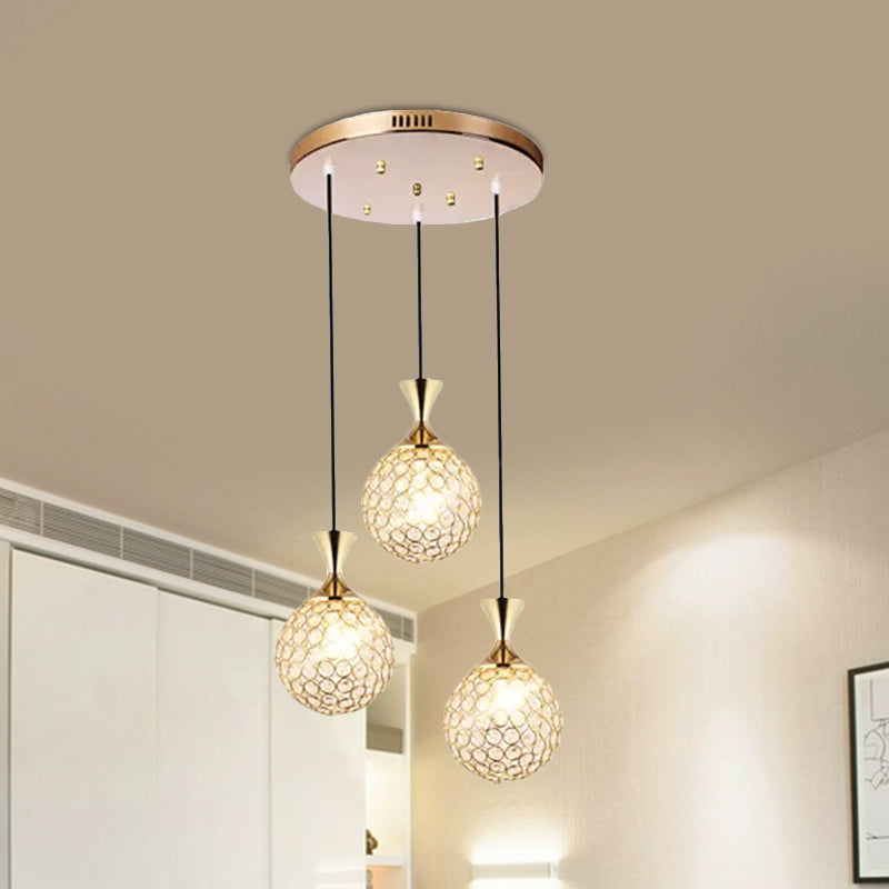 Globe Dinning Room Ceiling Lamp Minimal Crystal Encrusted 3/5 Bulbs Gold Multi Pendant Lighting Fixture Clearhalo 'Ceiling Lights' 'Modern Pendants' 'Modern' 'Pendant Lights' 'Pendants' Lighting' 1629091