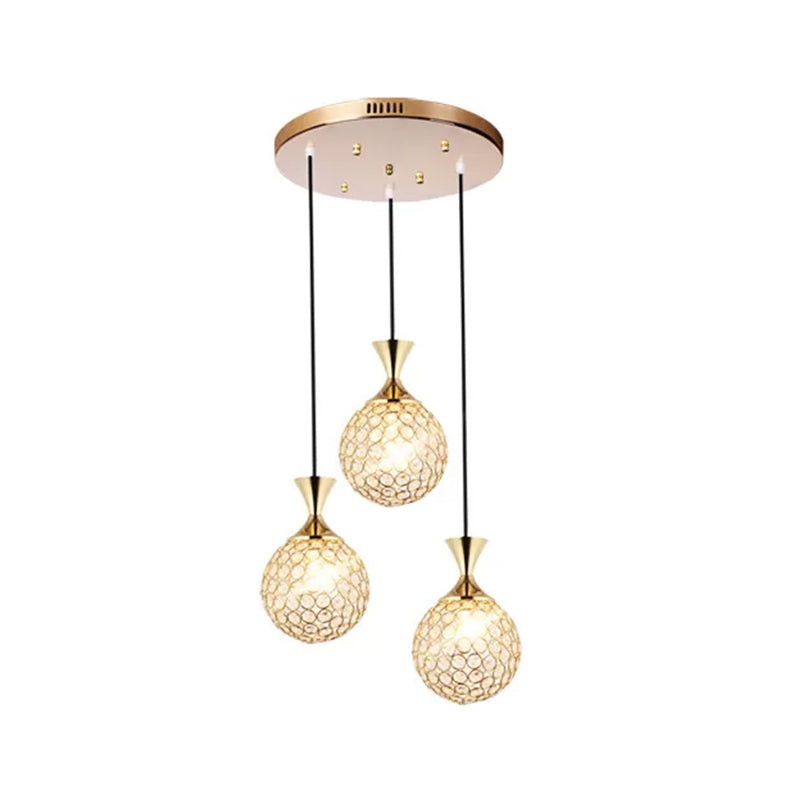 Globe Dinning Room Ceiling Lamp Minimal Crystal Encrusted 3/5 Bulbs Gold Multi Pendant Lighting Fixture Clearhalo 'Ceiling Lights' 'Modern Pendants' 'Modern' 'Pendant Lights' 'Pendants' Lighting' 1629092