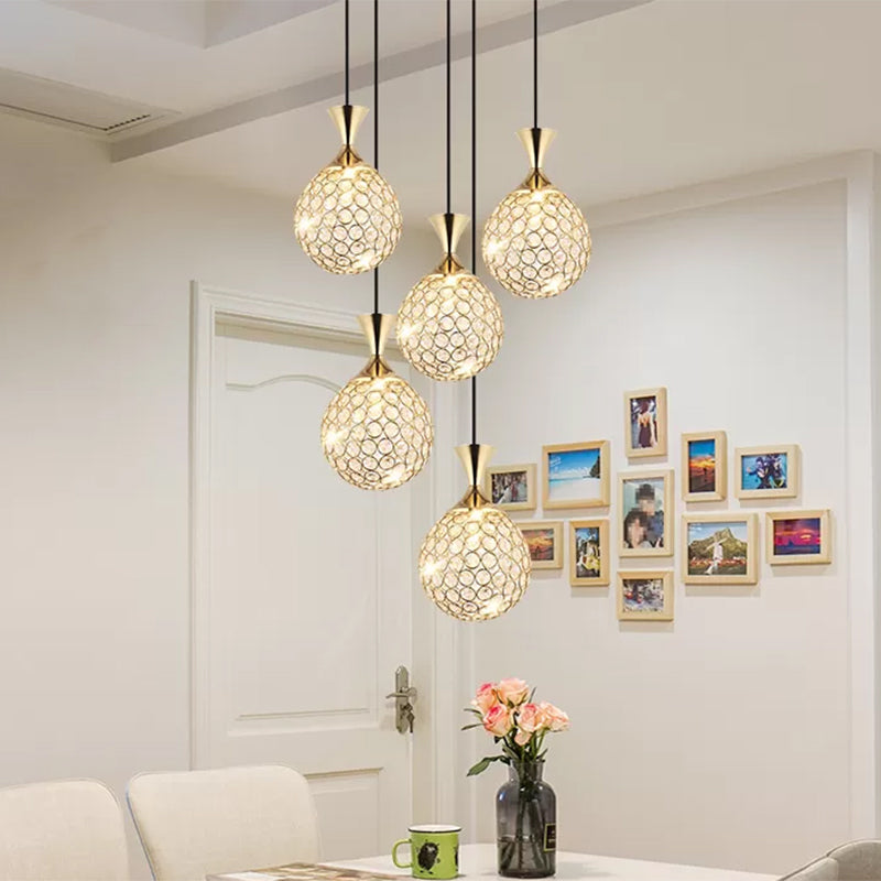 Globe Dinning Room Ceiling Lamp Minimal Crystal Encrusted 3/5 Bulbs Gold Multi Pendant Lighting Fixture Clearhalo 'Ceiling Lights' 'Modern Pendants' 'Modern' 'Pendant Lights' 'Pendants' Lighting' 1629095