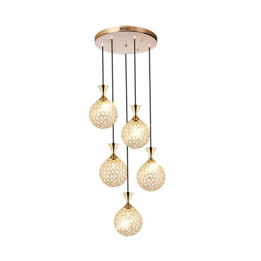 Globe Dinning Room Ceiling Lamp Minimal Crystal Encrusted 3/5 Bulbs Gold Multi Pendant Lighting Fixture Clearhalo 'Ceiling Lights' 'Modern Pendants' 'Modern' 'Pendant Lights' 'Pendants' Lighting' 1629096